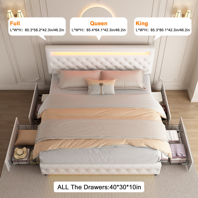 Meliz Modern Upholstered Bed Frame with 4 Bedside Drawers & Smart RGBW LED Lights, No Box Spring Needed, Easy Assembly,, King