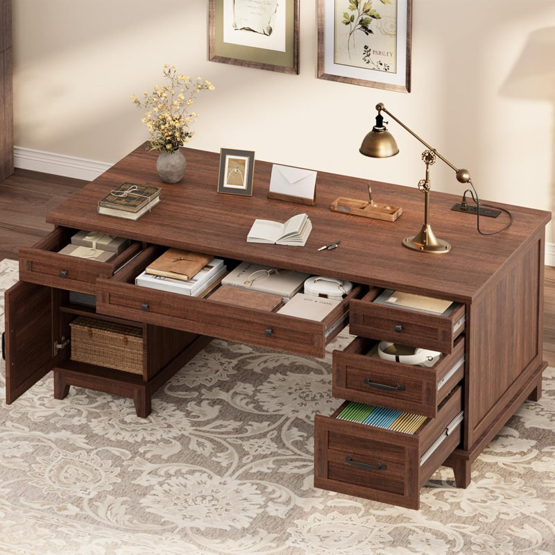 60" Wooden Home Office Desk with File Drawers, Executive Desk with Adjustable Cabinet, Brown/Brown
