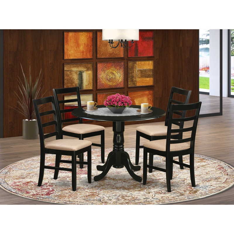 L'ensemble de table de salle à manger 5 pièces pour 4 personnes comprend une table de cuisine ronde avec Dropleaf et 4 chaises de salle à manger en tissu de lin, 42 po x 42 po, noir