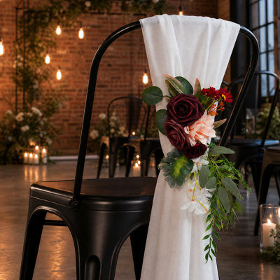 Red Wedding Chair Decorations 10-Pack, Artificial Foam Roses with Eucalyptus & Ribbons, Aisle Ceremony Decor