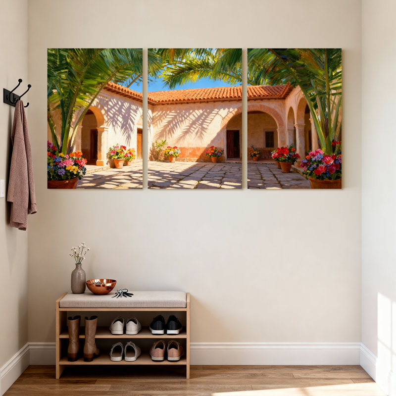 Palmiers, cour, palmiers, fleurs, soleil, arche, réflexions, ensemble de 3 impressions sur toile, H 18 po x l 36 po