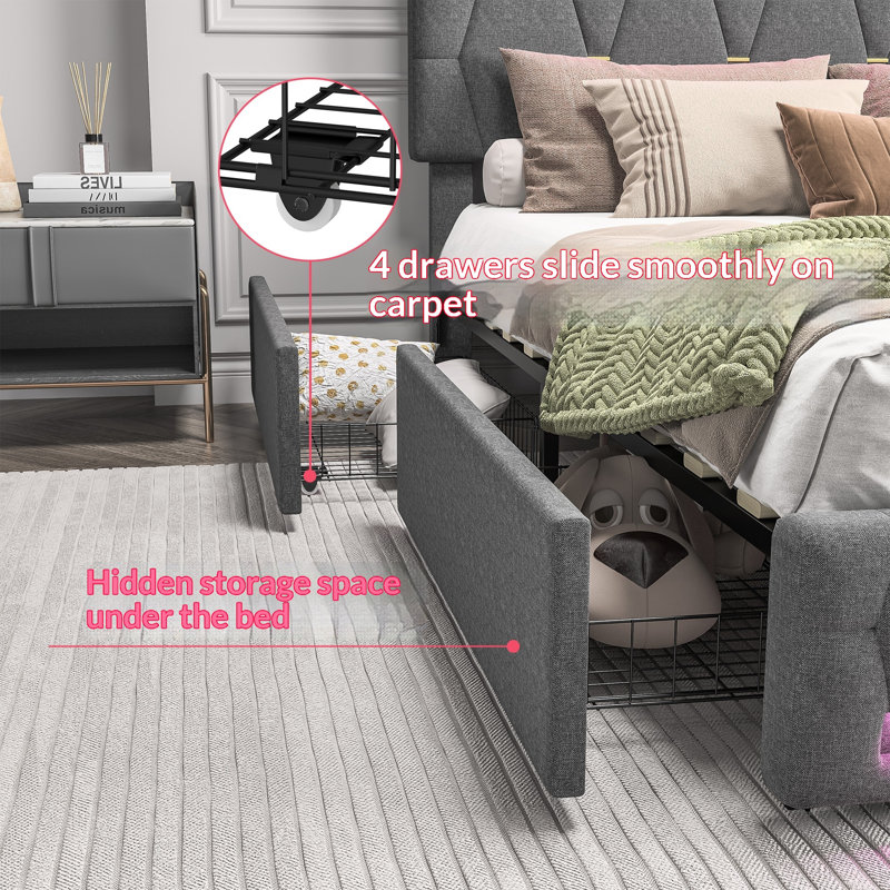 Upholstered Platform Bed Frame with Adjustable Headboard and 4 Storage Drawers, European Double (140 x 200 cm)