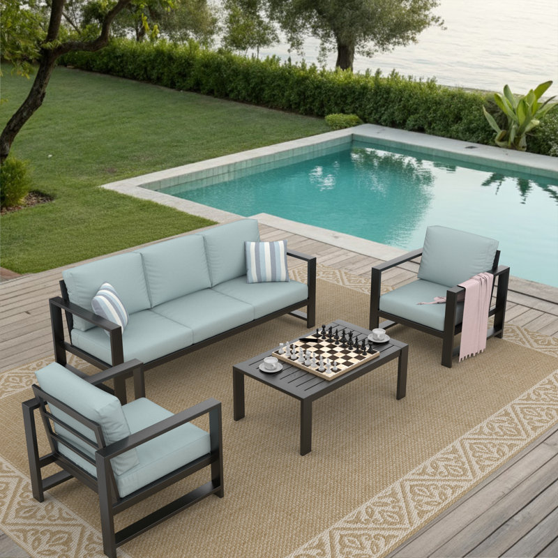 Ensemble de sièges pour 5 personnes Reva avec coussins Sunbrella®, Vert/bleu