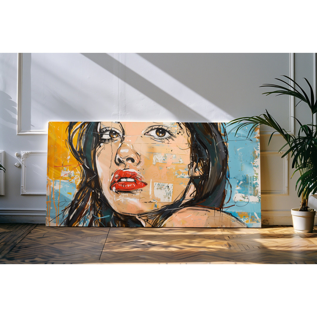 Wandbild 120x60cm Porträt einer jungen Frau Streetart Farbenfroh rote Lippen