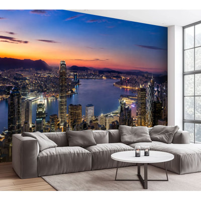 Wall Mural Peel and Stick Wallpaper Hong Kong skyline dawn lake building Bay Water road night Self-Adhesive Removable Contact Paper Wall Decor for Living Room Bedroom 100"H x 144"W