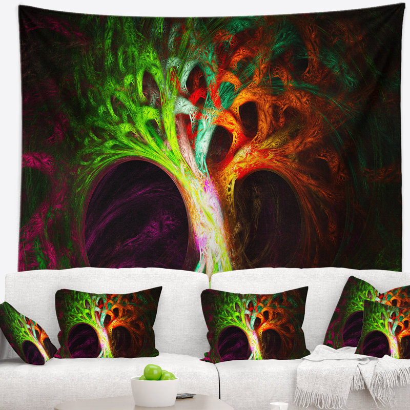 Tapisserie abstraite arbre magique vert psychédélique, H 68 po x l 80 po