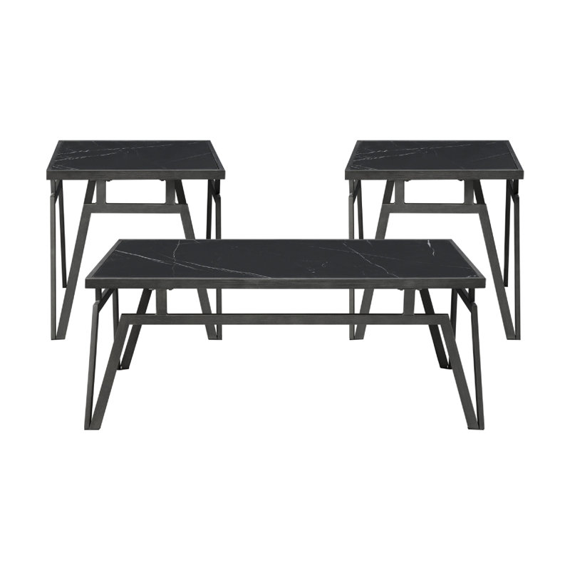 Howie 3Pc Coffee And End Table Set, Black Sintered Stone, Bronze