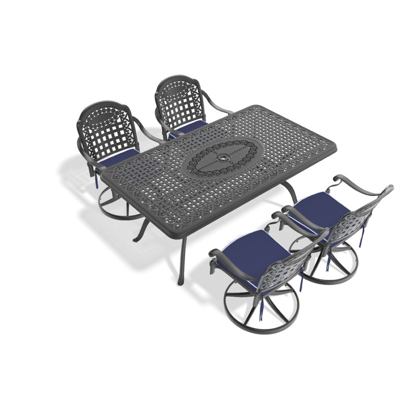 Ensemble de salle à manger 5 pièces en aluminium coulé résistant aux intempéries, comprenant 4 chaises pivotantes et une table rectangulaire avec cadre