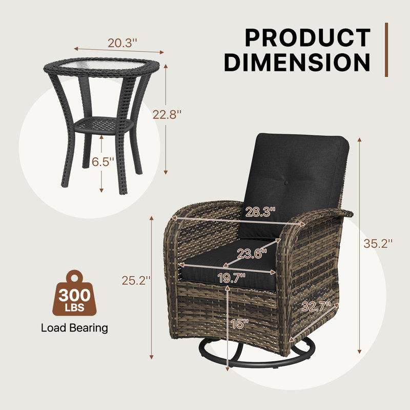 Ensemble de patio à bascule pivotant en osier 3 pièces avec table en verre à 2 niveaux et coussins de 4 po