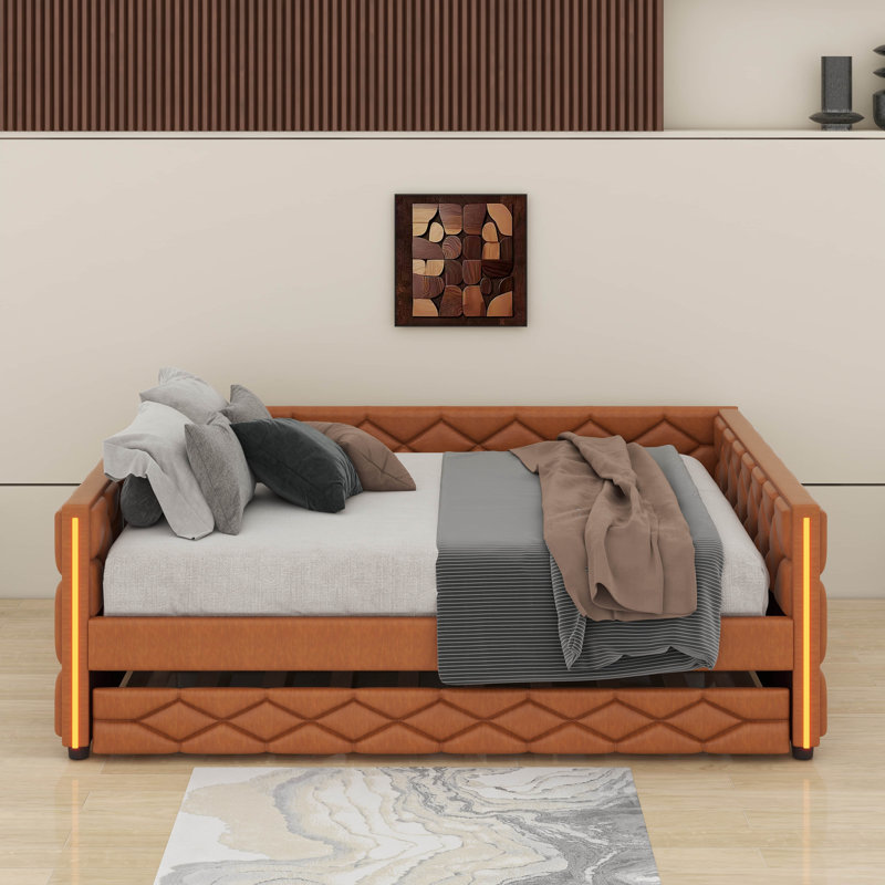 Full XL Size Upholstered Daybed With Trundle And LED, Brown