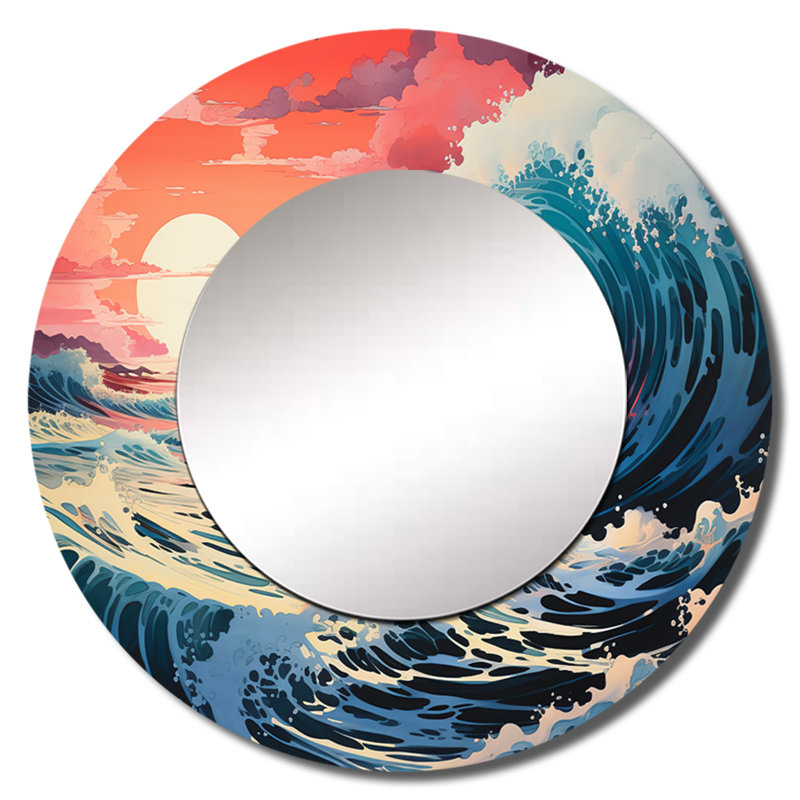 Dramatic Ocean Waves II - miroir bord de mer, miroir mural rond corail, impression d'art en métal, 29 po x 29 po