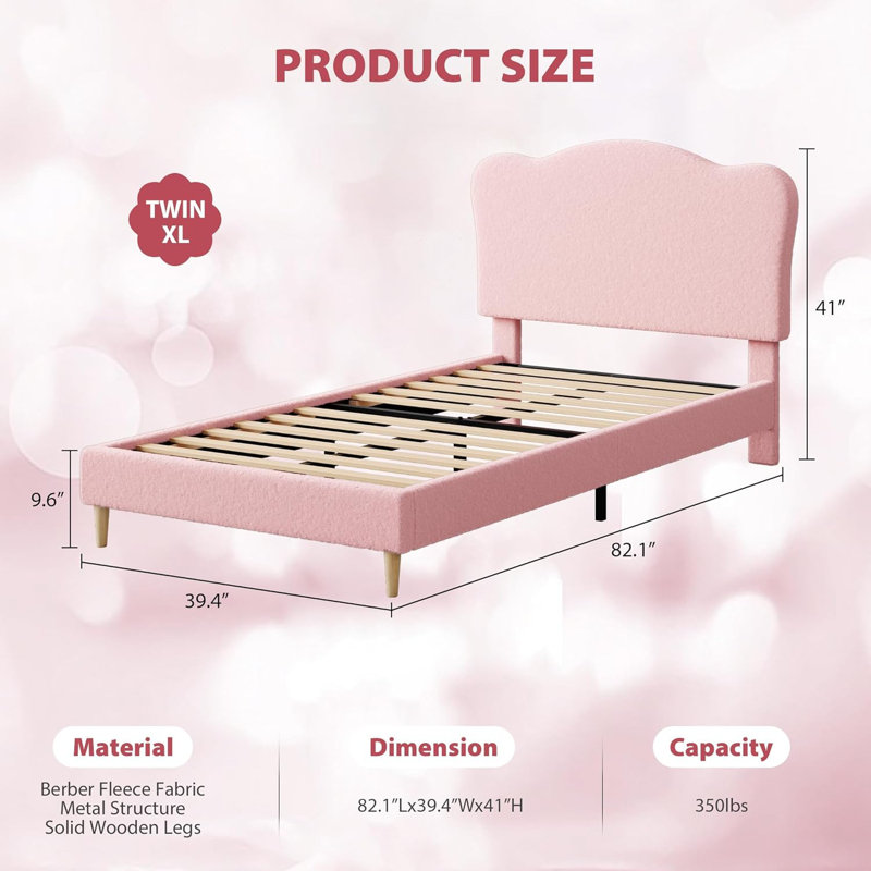 Velvet Bed Frame for Kids with Upholstered Headboard, Wood Slats & Metal Platform, No Box Spring Needed, Easy Assembly, Quiet Design