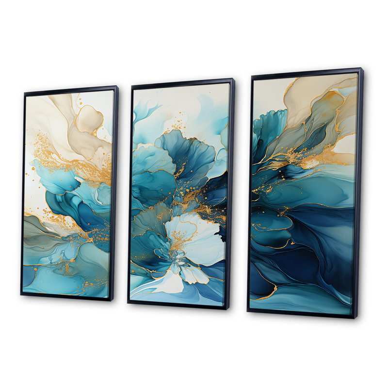 «Blue and White Geyser Liquide II», ensemble de reproductions d'art abstrait, Cadre flottant noir, H 28 po x l 36 po x P 1 po