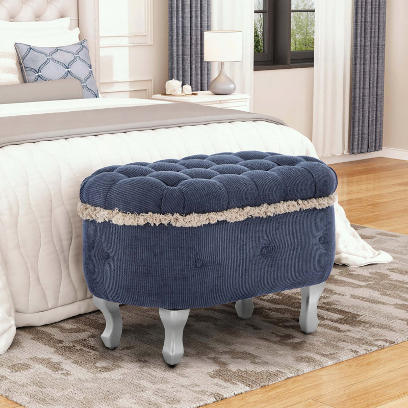 Banc de rangement capitonné avec bordure à pampilles et pieds en métal, Bleu