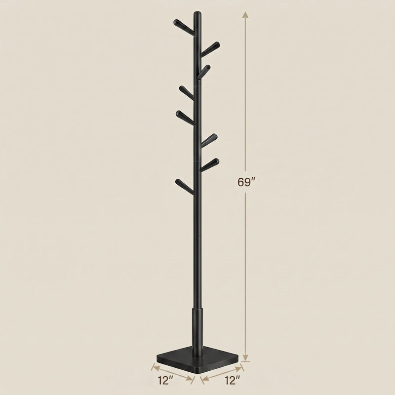 Trikomou Solid Wood 8-Hook Freestanding Coat Rack, Black