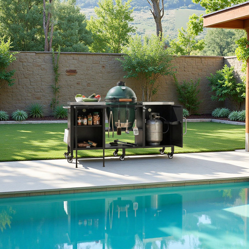Metal Outdoor Grill Cart With Fold-out Prep Table