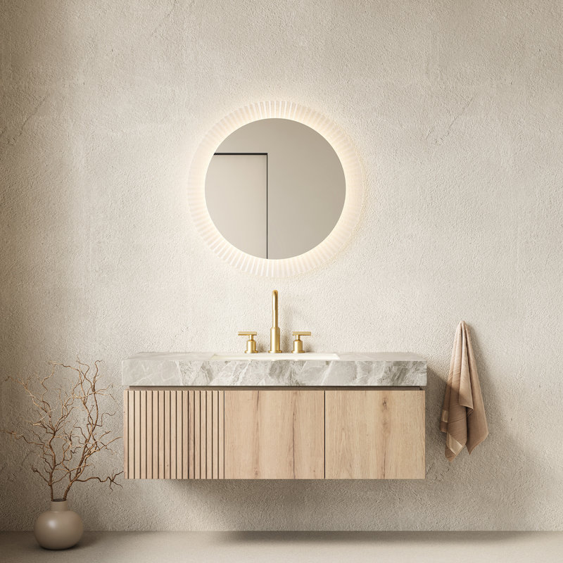 Meuble-lavabo de salle de bain 122 cm avec lavabo, comptoir en pierre frittée grise, lavabo en céramique, 3 trous pour robinetterie, préassemblé, résistant à l'usure. Armoire de rangement suspendue avec comptoir en contreplaqué, 2 portes et 1 tiroir, chêne blanc.
