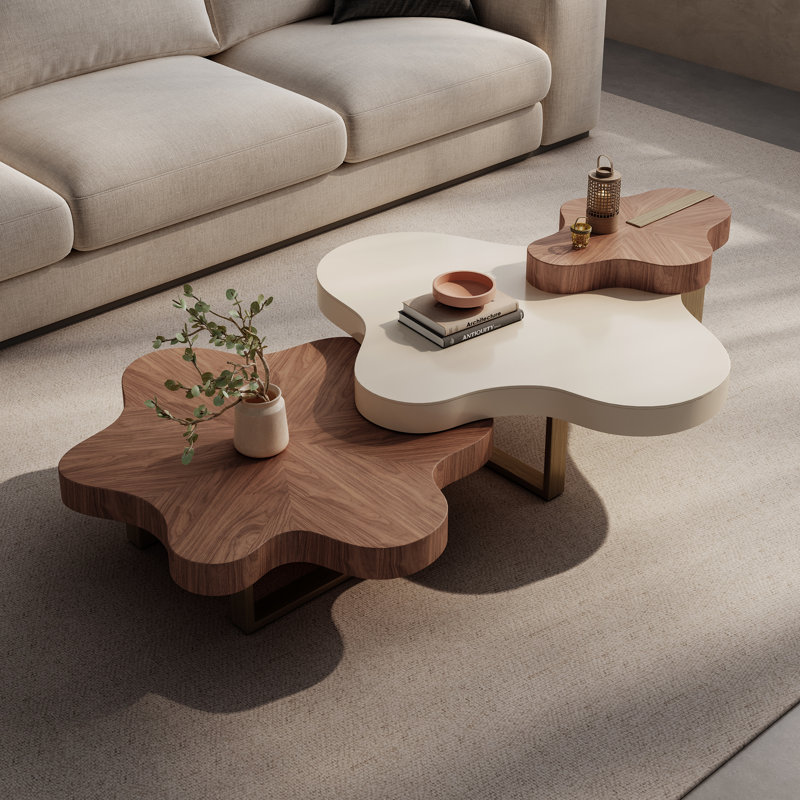 Arvante Designer Collection – Modern Cloud-Shaped 3-Piece Walnut Veneer Nesting Coffee Table Set
