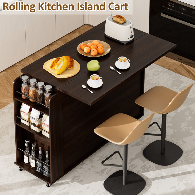 Kitchen Island With Trash Can Storage & Drop Leaf, Rolling Kitchen Cart With Drawers, 3-tier Spice Rack And Towel Rack, Island Table On Wheels For Kitchen, Dining Room