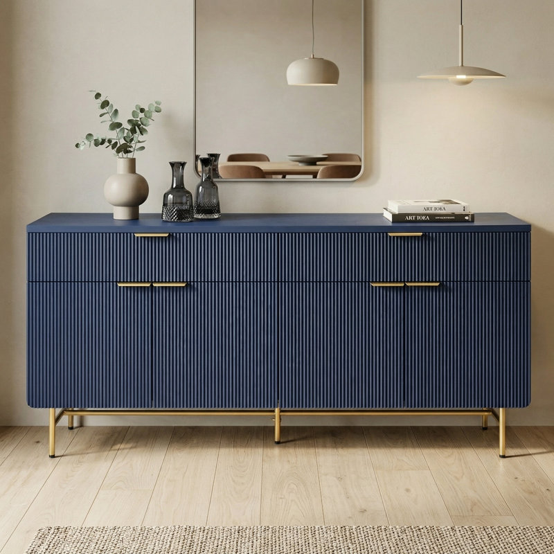 69" Fluted Sideboard Buffet Cabinet With 2 Drawers & 4 Doors, Soft-Close Hinges, Modern Storage Cabinet, Gold/Blue