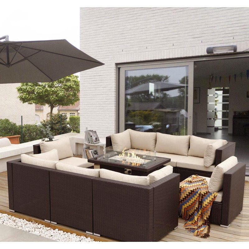 9-Piece PE Wicker Patio Conversation Set with Rectangular Fire Pit Table, Modular Sectional, Dual-Fuel, 60,000 BTU, Beige