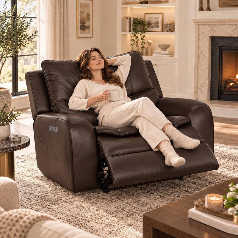 Causeuse inclinable électrique en similicuir 94,5 po avec repose-tête réglable, Simili cuir brun foncé