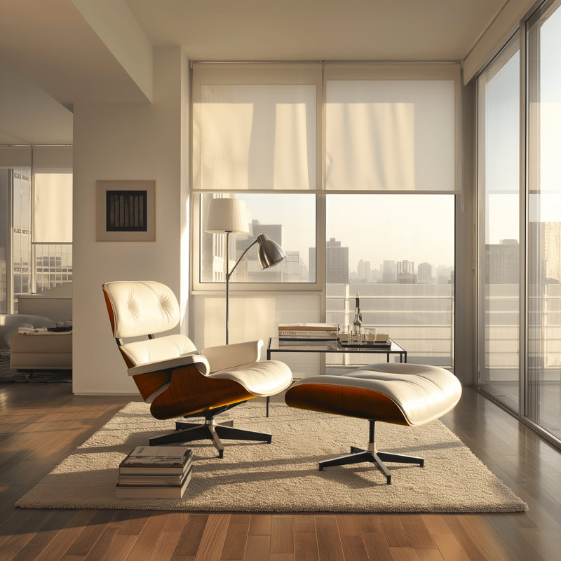 Real Leather lounge chair with Solid Wood, Rosewood White Genuine Leather