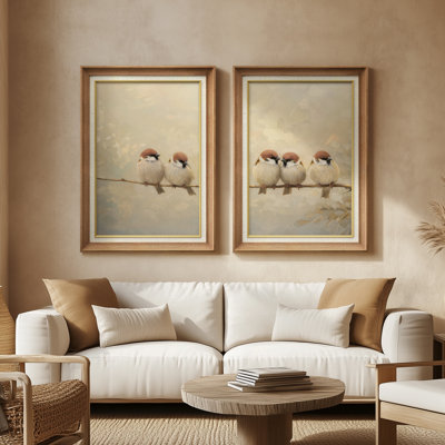 Cute Sparrow Birds on Branch Neutral Animal Wall Decor - Set of 2 Premium Framed Wall Art Print on Paper 26"x36"