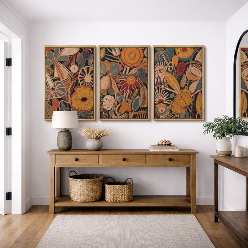 Abstract Botanical "Bohemian Orange Brown Floral Artwork, Unique Vintage Classy Living Room Wall Pictures, Framed Canvas Giclée Print 3 Pieces Wall Art" 16"x24"x3 pcs, 24"x36"x3 pcs, 20"x60"x3 pcs