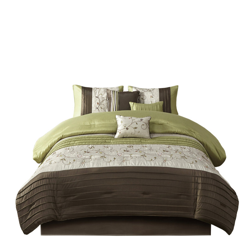 Édredon grand 7 pièces - 1 édredon brodé, 2 taies décoratives, 3 coussins décoratifs, jupe de lit lavable à la machine et bourre élégante