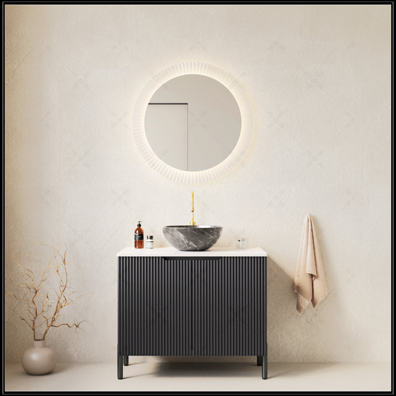 Meuble-lavabo sur pied 30 po avec lavabo, meuble de rangement autoportant, lavabo en céramique noire, comptoir blanc Carrara, sans robinet, noir
