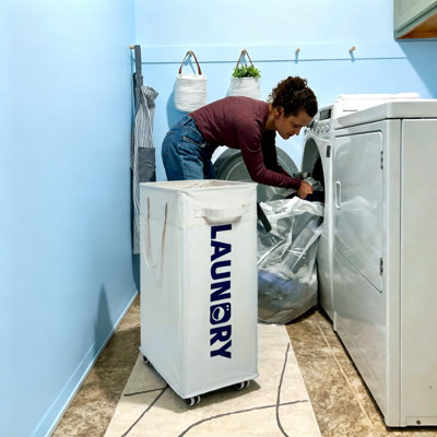 Panier à linge mince avec roulettes 75L, panier à linge roulant pliable (blanc)