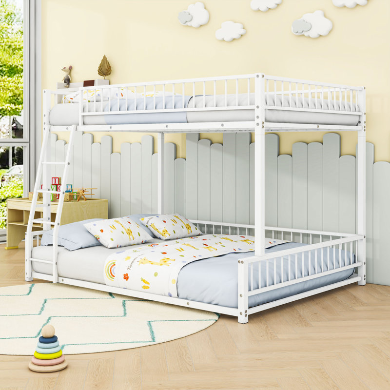 Bunk Bed Frame With Ladder And Guardrails, White, Full XL over Queen