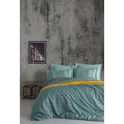 Ensemble de housse de courtepointe 100% coton Ranforce, bleu et jaune, housse de couette 53,1 po x 78,7 po et taie d'oreiller 31,5 po x 31,5 po | Impression de pigments, 145 fils, lavable à la machine, fermeture à boutons | Literie élégante et confortable
