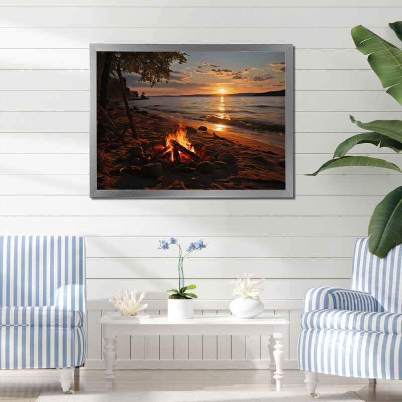 «Allix Beach Beach Bonfire I», reproduction sur toile, H 12 po x l 20 po x P 1 po, Cadre simple argenté