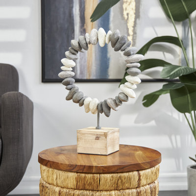 Cecel Metal Circular Stone Abstract Decorative Gray Sculpture with Brown Wooden Base