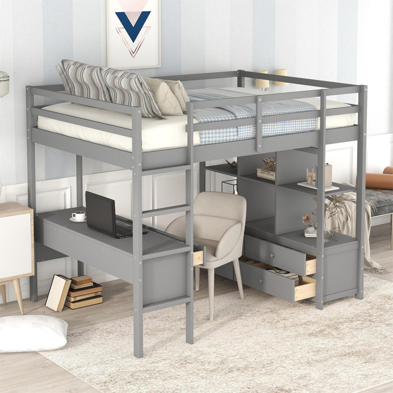 Erjon Kids Loft Bed with Drawers, Gray, Full
