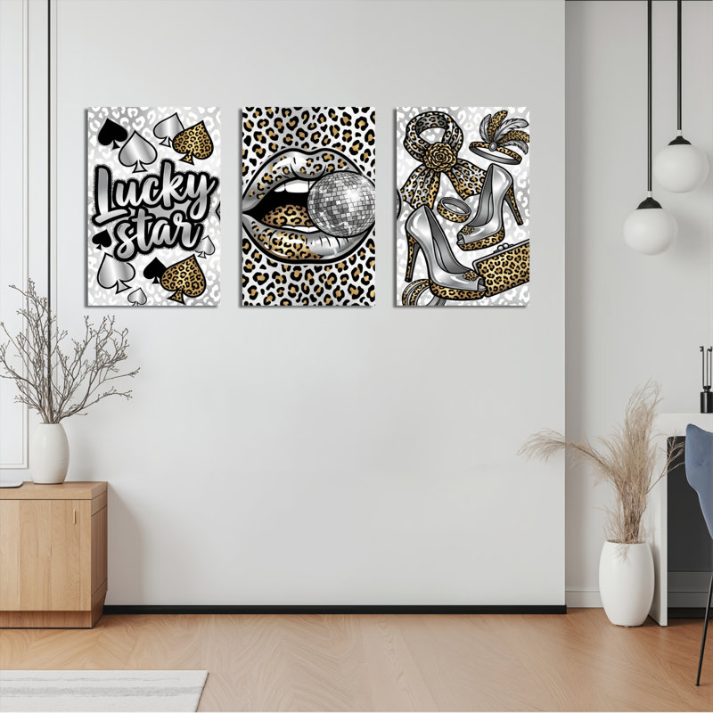 Ensemble de 3 tableaux sur toile à imprimé léopard Lucky Star, motif à piques, lèvres et talons., H 36 po x l 72 po
