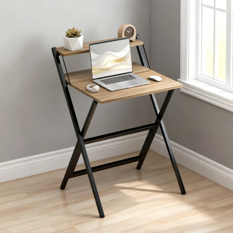 Folding Computer Desk,  With Monitor Shelf For Small Space, Home Office, Study, Walnut