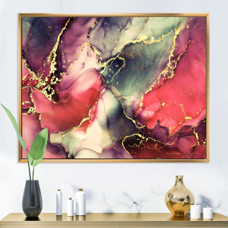 «Red Luxury Abstract Fluid Art II», reproduction sur toile, H 34 po x l 44 po x P 1,5 po, Cadre flottant doré