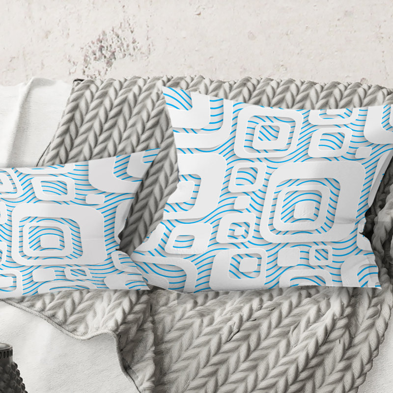 Coussin 3D imprimé blanc et bleu 3D - Mid-Century, 18 po x 18 po