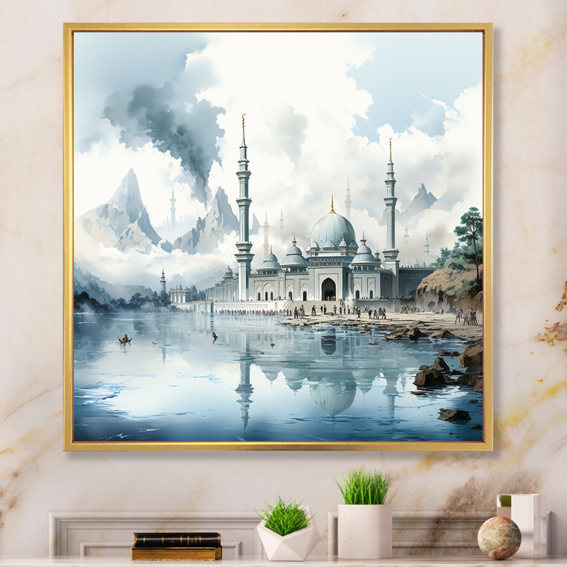 «Mosquée blanche et bleue» - Art mural, Cadre flottant doré, 36" H x 36" W