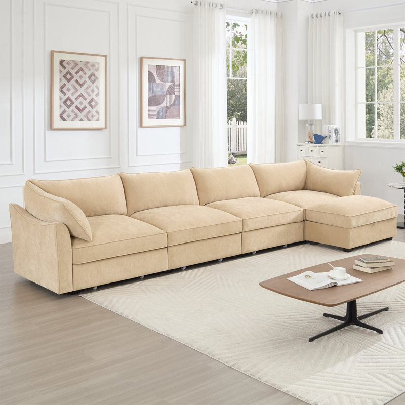 Canapé modulaire en L 4 places, canapé 4 places avec 1 repose-pieds mobile, coussins, canapé modulaire confortable avec 5 sièges et tiroir de rangement coulissant sous chaque siège, couleur chenille blé