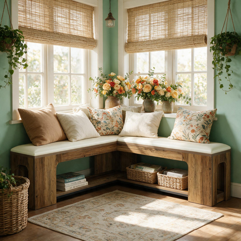 Banc de rangement en L avec coussin rembourré amovible, banc d'angle Farmhouse
