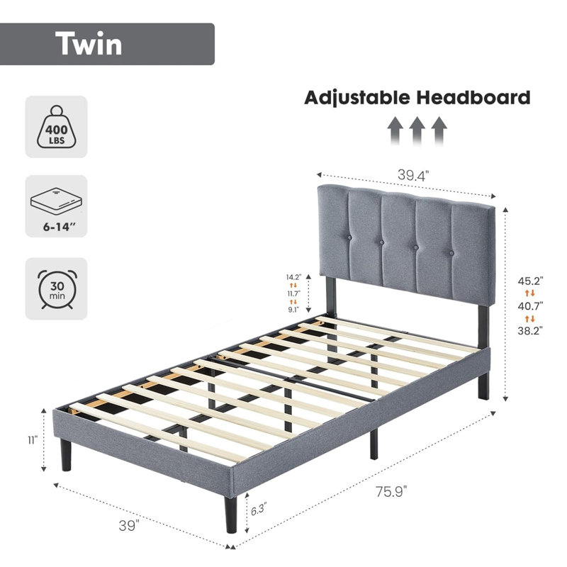 Structure de lit plateforme avec tête de lit tapissier réglable, aucun sommier tapissier requis, Gris clair, Simple