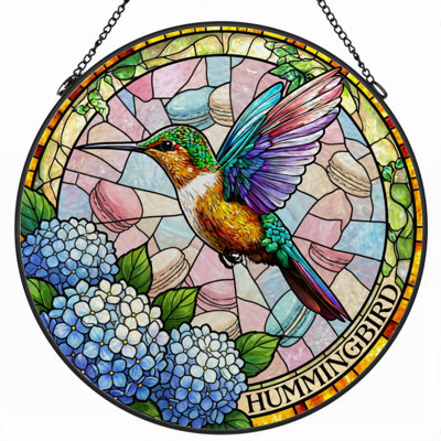 12"H Hummingbird Flowers Stained Glass Window Panel