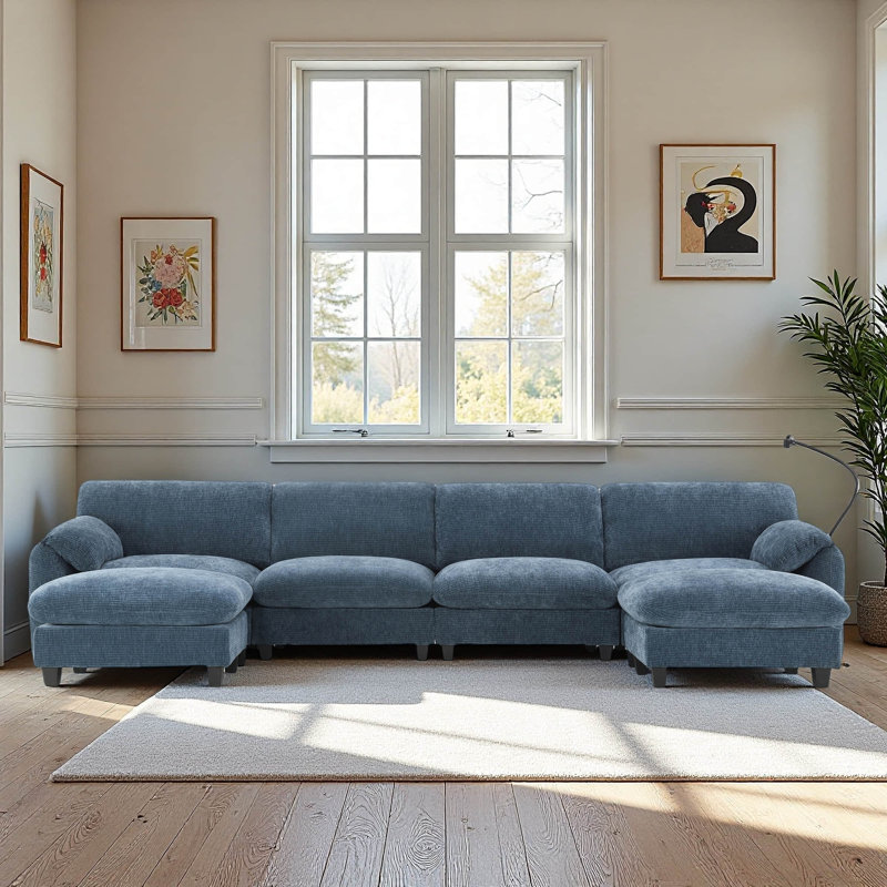Canapé modulaire de 140 po en forme de U avec coussin de siège extra large de 31,5 po, chargeur USB et de type C, support pour téléphone et 2 poches de rangement latérales, repose-pieds à mouvement libre, chenille rayée