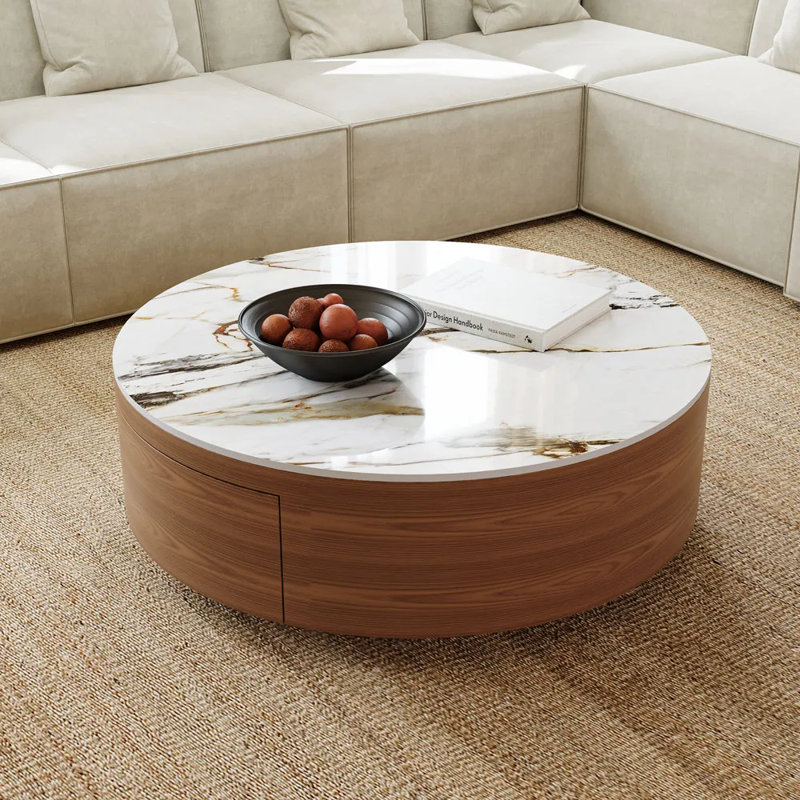 Drum Coffee Table, Sintered Stone Top, 2 Solid Wood Drawers, Fully-Assembled, 14.17" H x 35.43" L 35.43" W, Brown