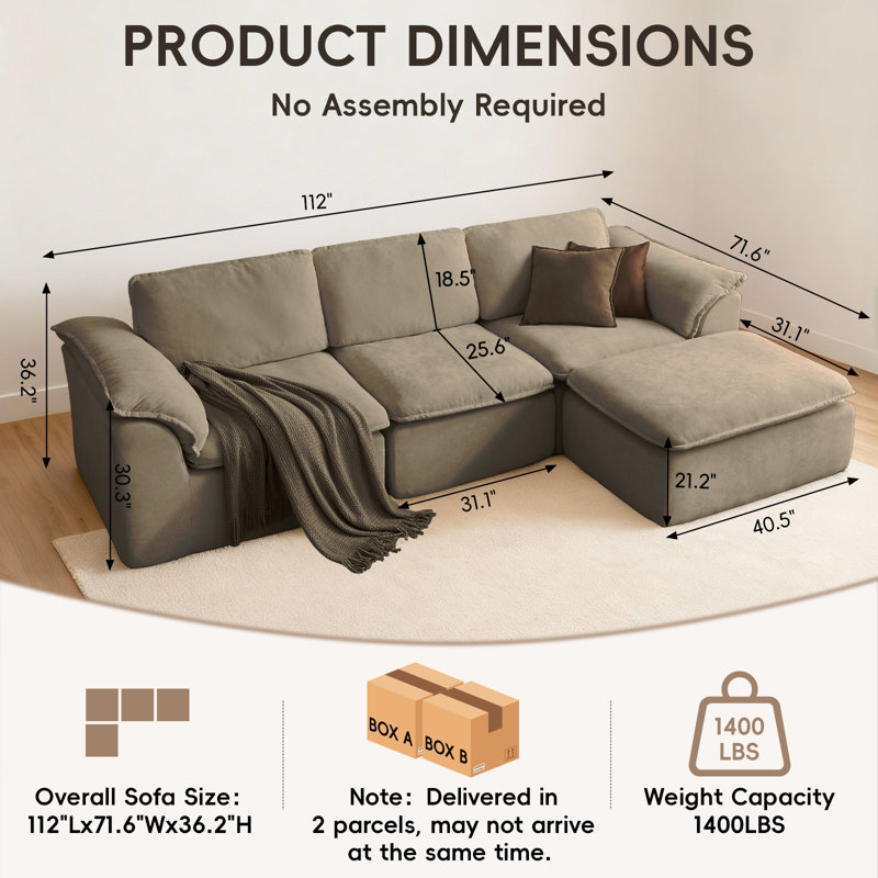 112" L-Shaped 4-Seater Cloud Sofa Chenille Fabric No Assembly Required, New Brown