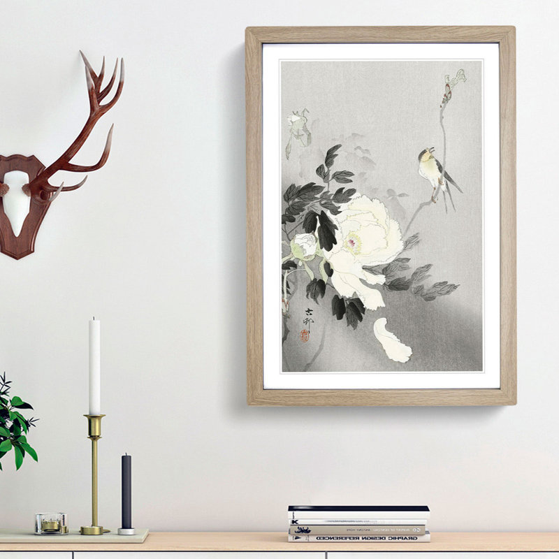 Swallow with Peony by Ohara Koson - Picture Frame Art Prints, 48cm H x 36cm W x 2cm D, Oak Framed